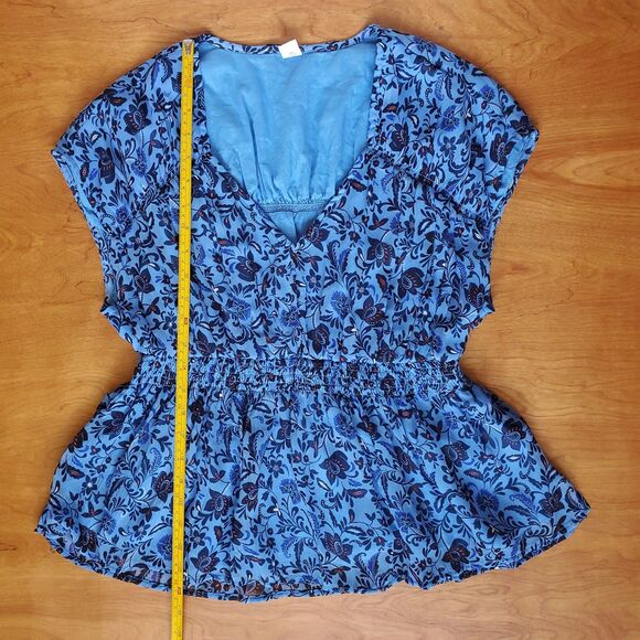 Old Navy Waist Defined Printed Dolman Sleeve Top Size M Blue Floral Ruched - Picture 10 of 10